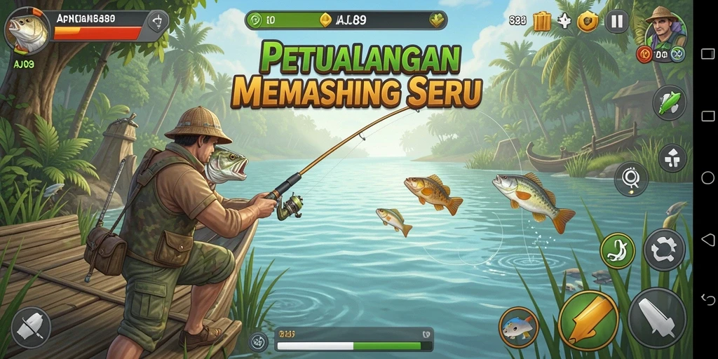 Tampilan gameplay AJO89 dengan aktivitas memancing yang menyenangkan.