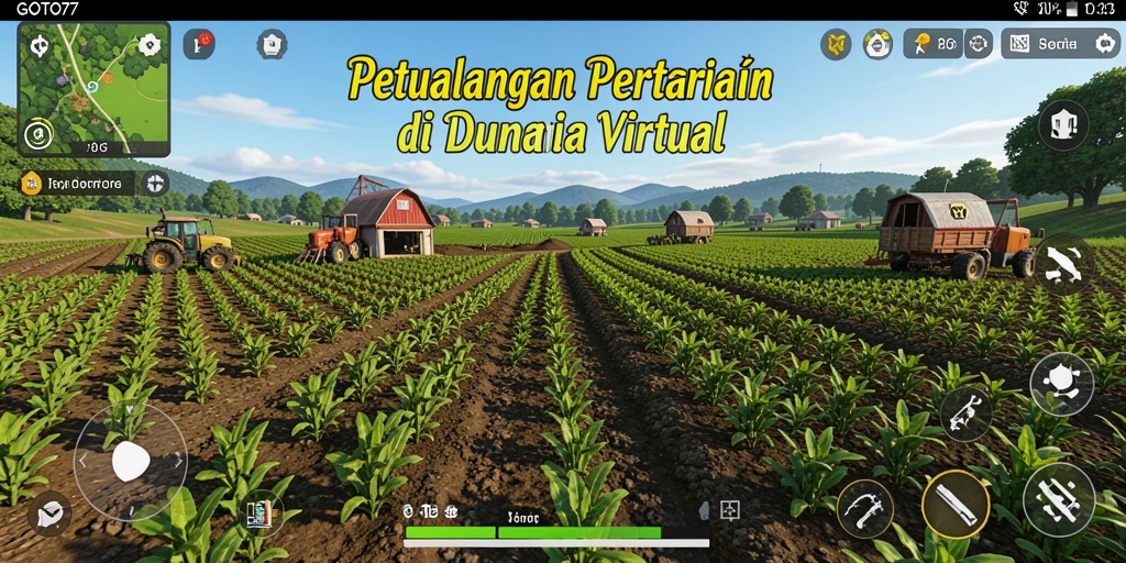Tangkapan layar utama GOTO77 menampilkan ladang yang subur dengan tanaman yang bervariasi.
