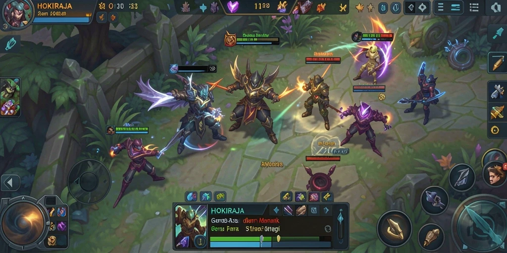 Tangkapan layar gameplay HOKIRAJA menampilkan aksi seru dalam pertarungan MOBA.