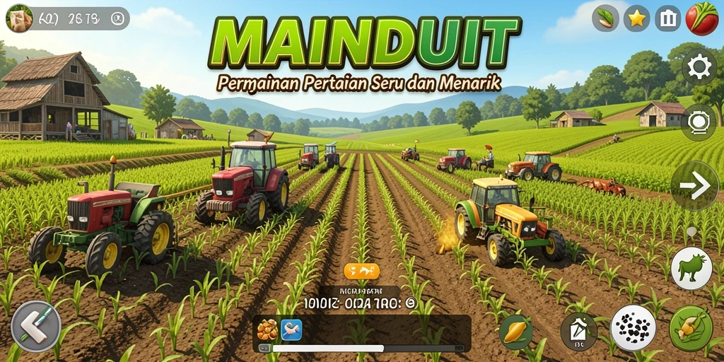 Screenshot gameplay MAINDUIT menampilkan ladang yang subur dan hewan menggemaskan.