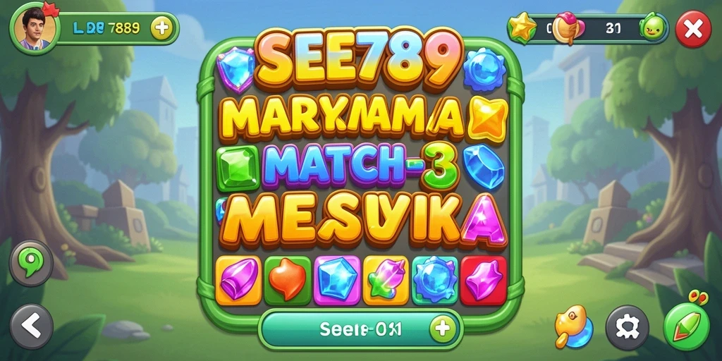 Screenshot utama SEE789 menunjukkan gameplay Match-3 yang seru dan penuh warna.
